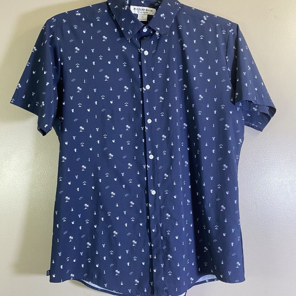 Mizzen Main Shirt Mens Large Palm Trees Short Sleeve Preppy Trim Fit Blue